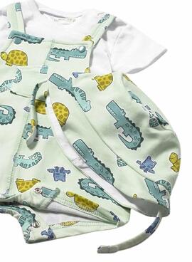 Conjunto Mayoral peto estampado animales verde con gorro para bebé
