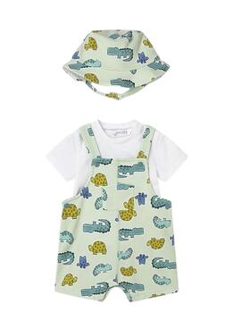 Conjunto Mayoral peto estampado animales verde con gorro para bebé