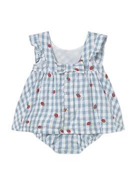 Conjunto Mayoral vestido vichy azul con fresas para bebé