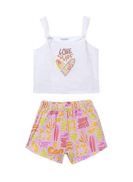 Conjunto Mayoral top blanco y short estampado multicolor para niña
