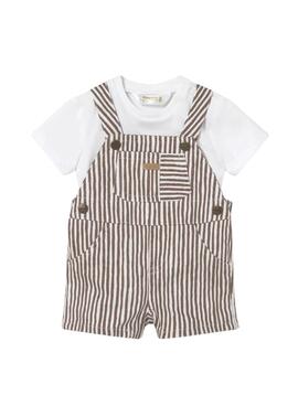 Conjunto Mayoral camiseta blanca y peto corto de rayas marrón para bebé
