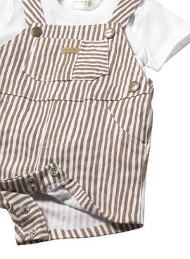 Conjunto Mayoral camiseta blanca y peto corto de rayas marrón para bebé