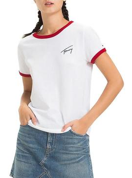 Camiseta Tommy Jeans Signature Ringer Blanco Mujer