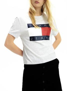 Camiseta Tommy Jeans Flag Gris Para Mujer