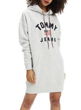 Vestido Tommy Jeans Logo Hoodie Gris Para Mujer