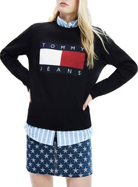 Sudadera Tommy Jeans Flag Crew Negro Mujer