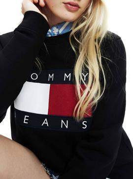 Sudadera Tommy Jeans Flag Crew Negro Mujer