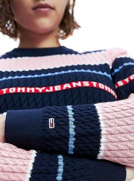Jersey Tommy Jeans Logo Stripe Rosa Para Mujer