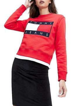 Sudadera Tommy Jeans Flag Crew Rojo Para Mujer