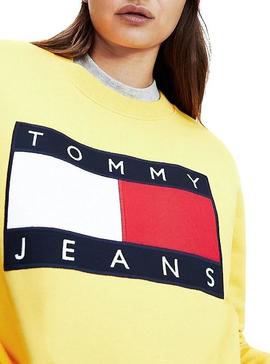 Sudadera Tommy Jeans Flag Crew Amarillo Mujer