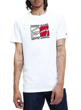 Camiseta Tomy Jeans Flag Script Blanco Para Hombre