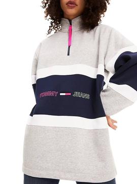 Sudadera Tommy Jeans Colorblock Mock Gris Mujer