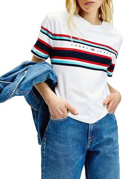 Camiseta Tommy Jeans Stripe Logo Blanco Mujer