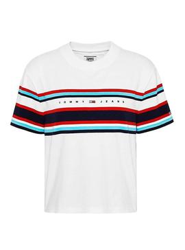 Camiseta Tommy Jeans Stripe Logo Blanco Mujer