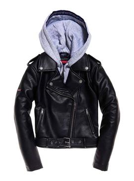 Cazadora Superdry PU Hooded Biker Negro Mujer